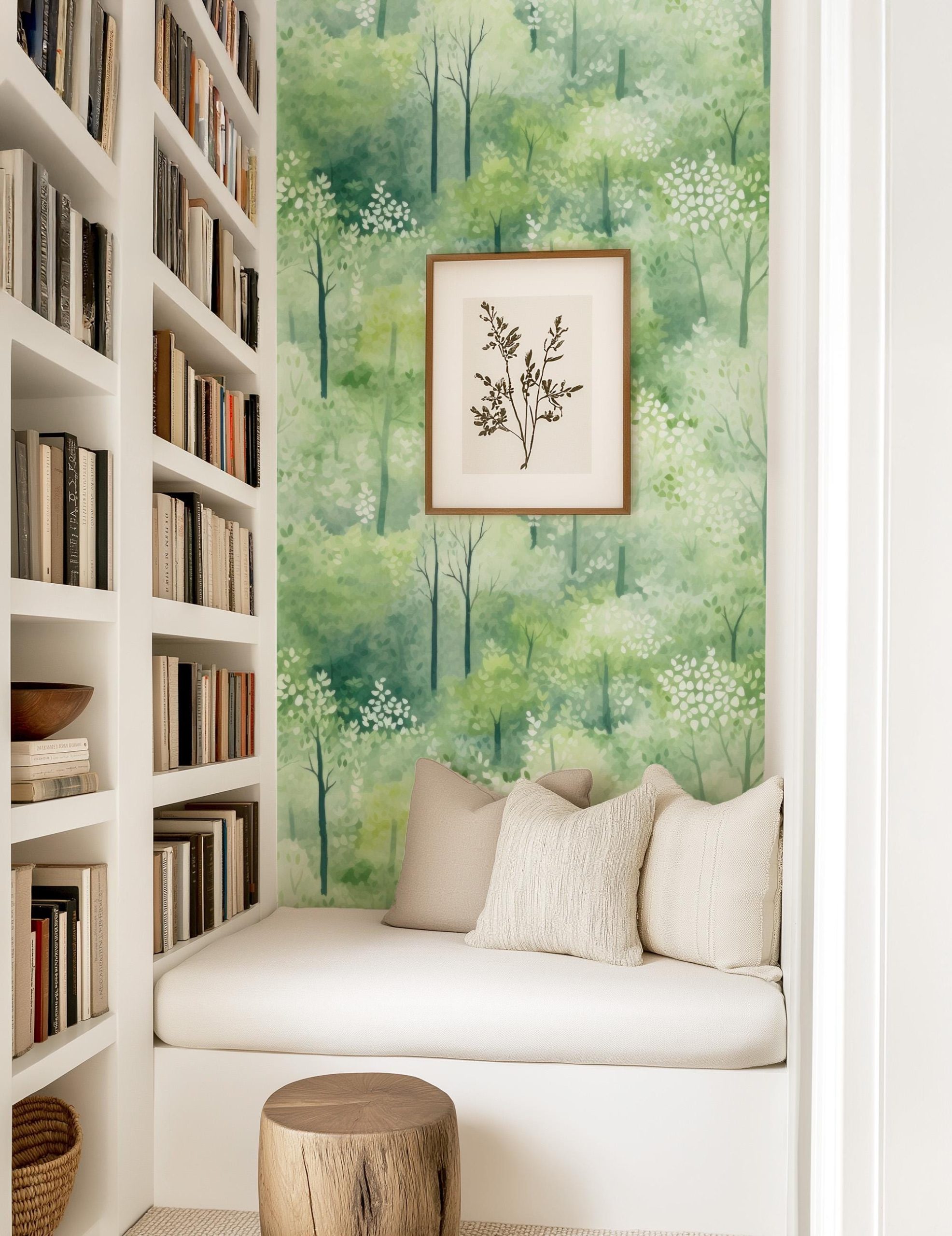 Forest Trees Wallpaper, Peel Stick or Traditional, Boy Nursery Mural Large Scale, Country Woods Watercolor Forest Wall Art Playroom Woodland