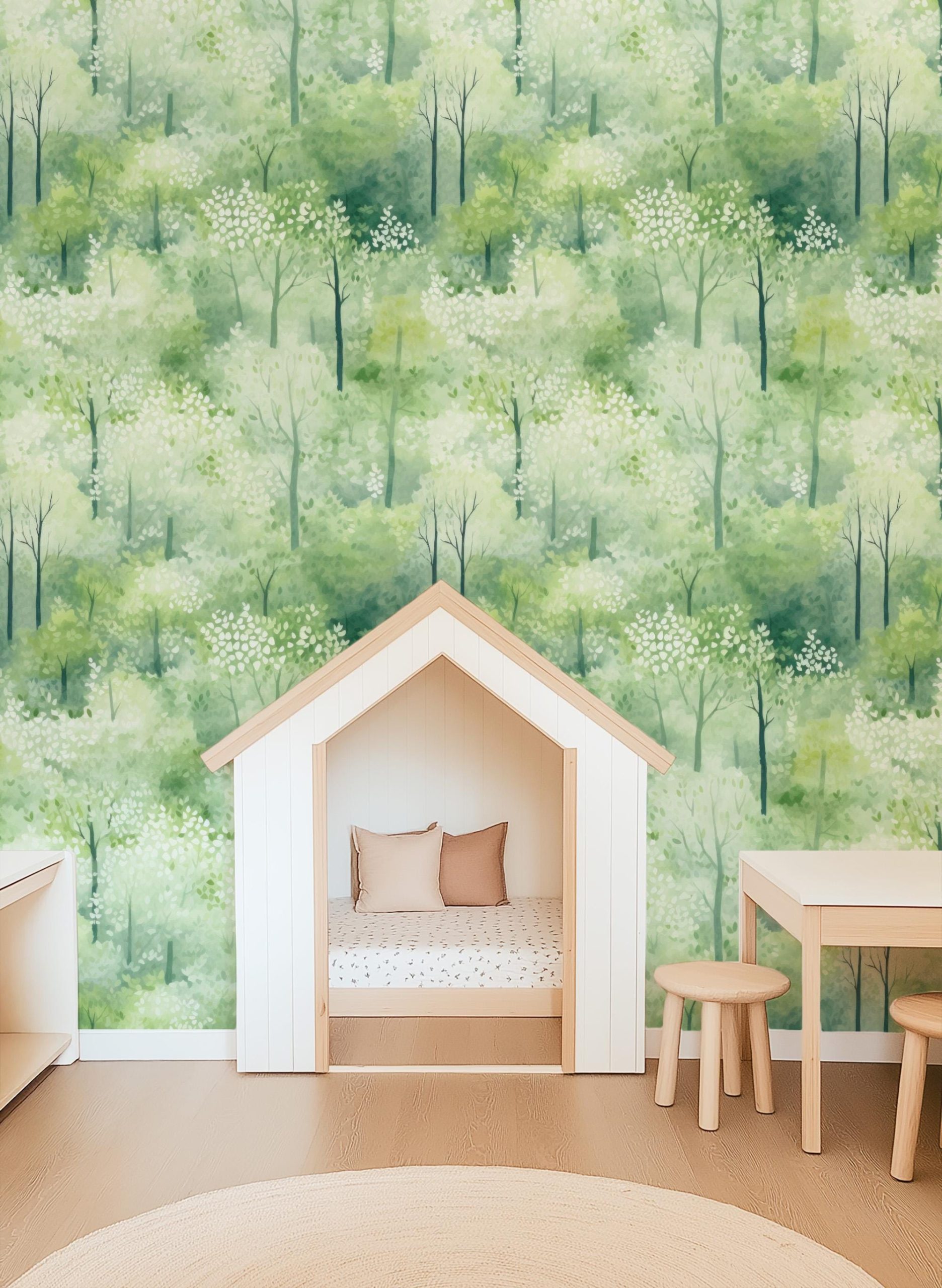Forest Trees Wallpaper, Peel Stick or Traditional, Boy Nursery Mural Large Scale, Country Woods Watercolor Forest Wall Art Playroom Woodland - Image 5