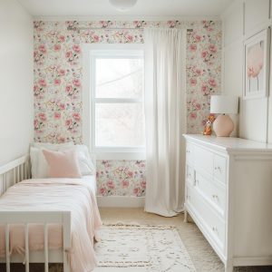 Pink Rose with Gold Accents Floral Wallpaper, Peel and Stick Removable, Baby Girl Toddler Playroom Nursery Wall Art, Dainty Chic Home Decor
