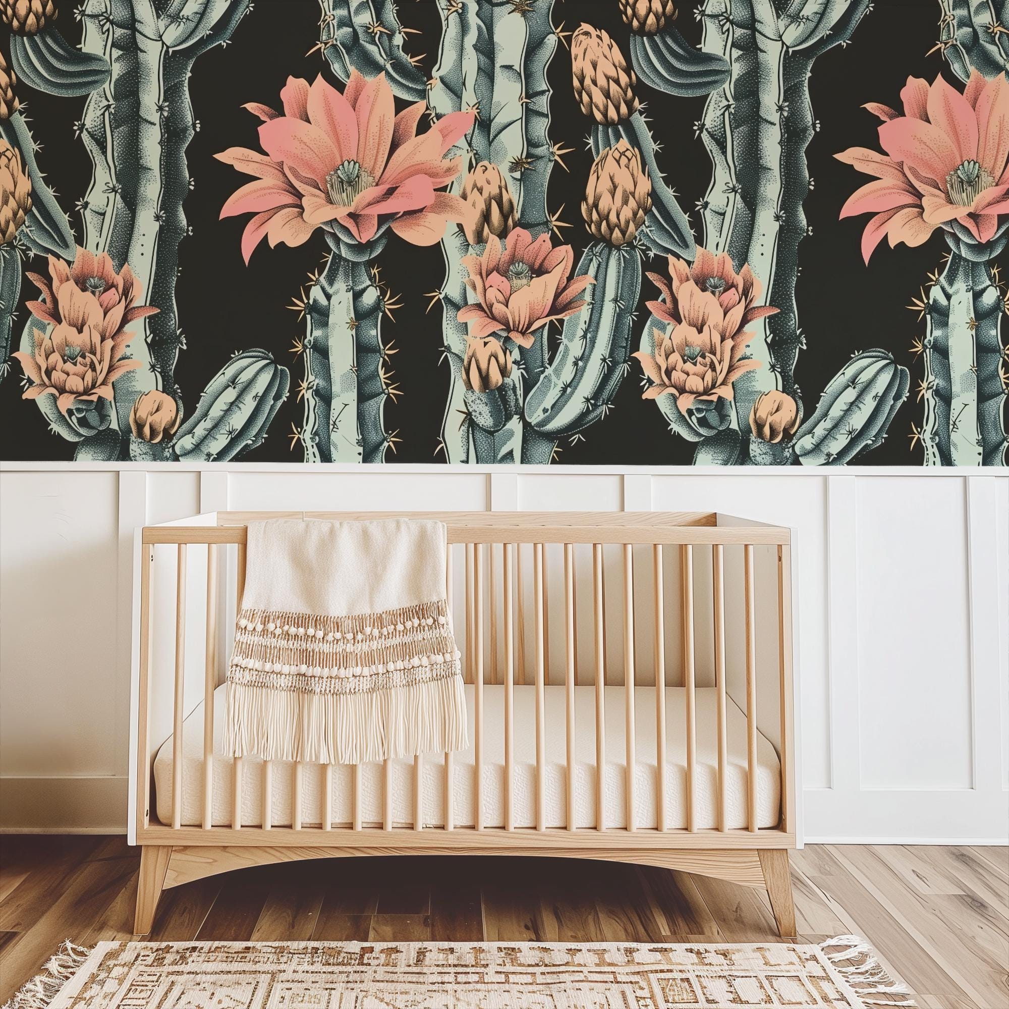 Moody Cholla Wallpaper, Peel and Stick Removable, Dark Colors Boho Large Scale Cacti Bloom, Living Room Bedroom Desert Jumping Cactus Flower - Image 5