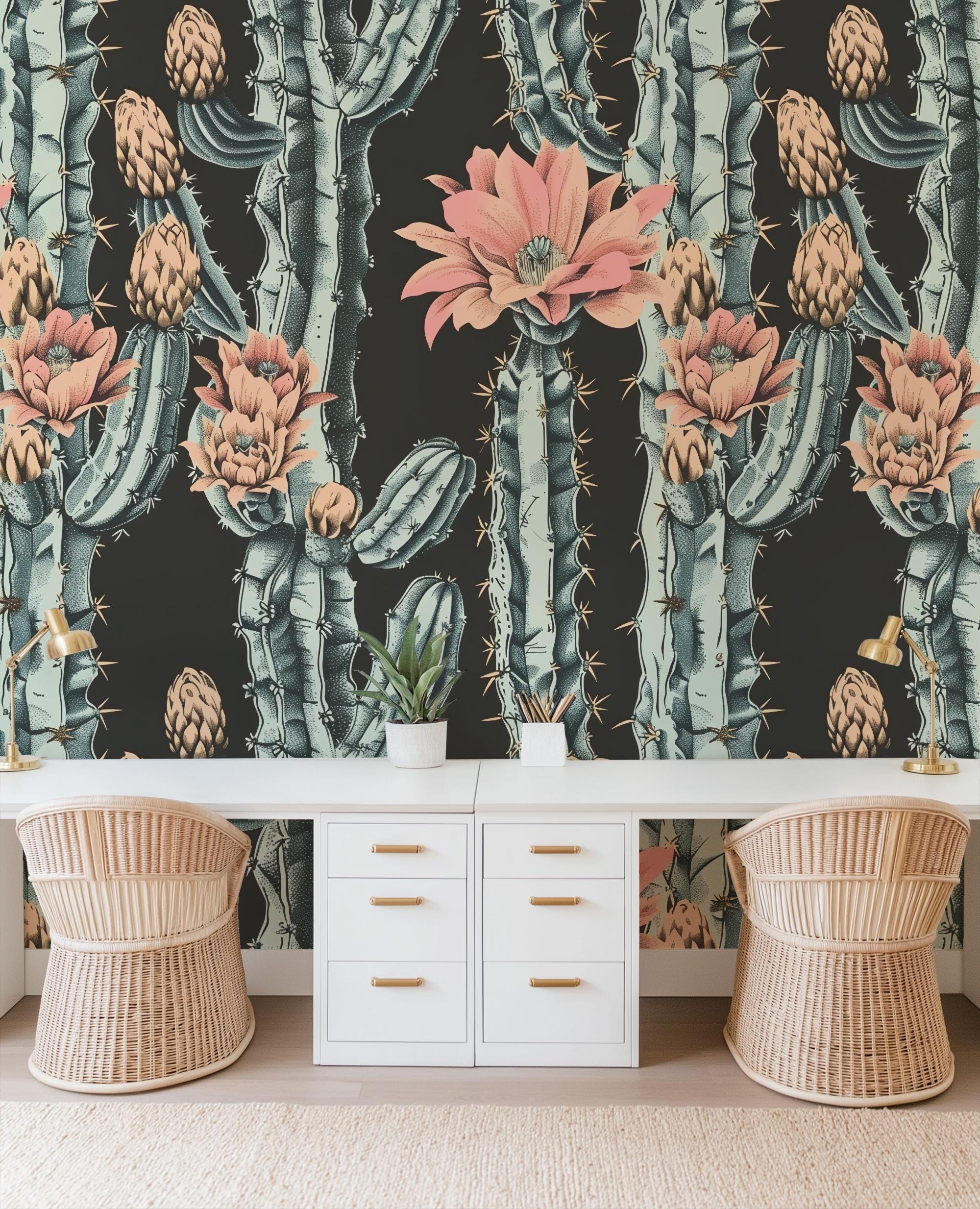 Moody Cholla Wallpaper, Peel and Stick Removable, Dark Colors Boho Large Scale Cacti Bloom, Living Room Bedroom Desert Jumping Cactus Flower