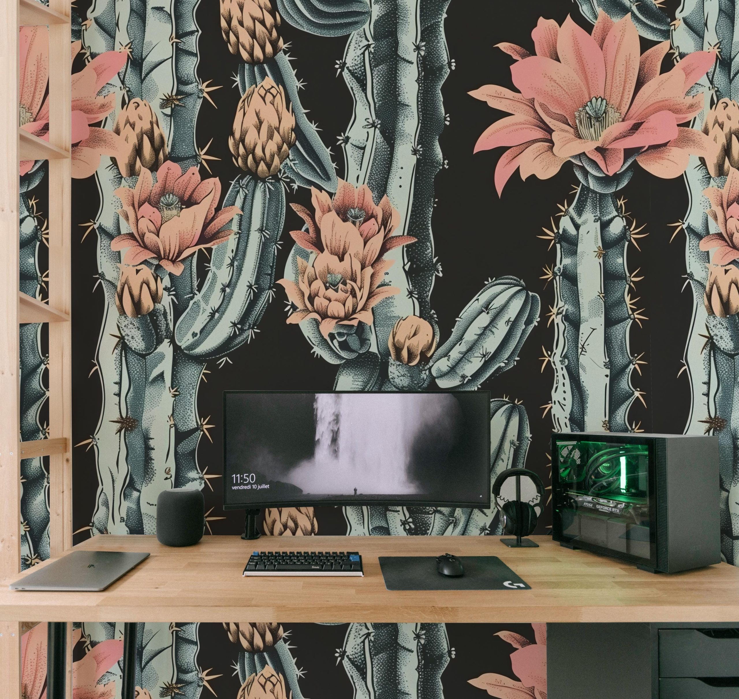 Moody Cholla Wallpaper, Peel and Stick Removable, Dark Colors Boho Large Scale Cacti Bloom, Living Room Bedroom Desert Jumping Cactus Flower - Image 4
