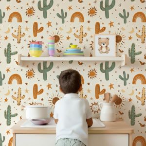 Boho Desert Cactus Wallpaper, Peel and Stick Removable, Cacti with Sun Stars Rainbow, Kid's Bedroom Playroom Desert Cactus Wall Art Accent