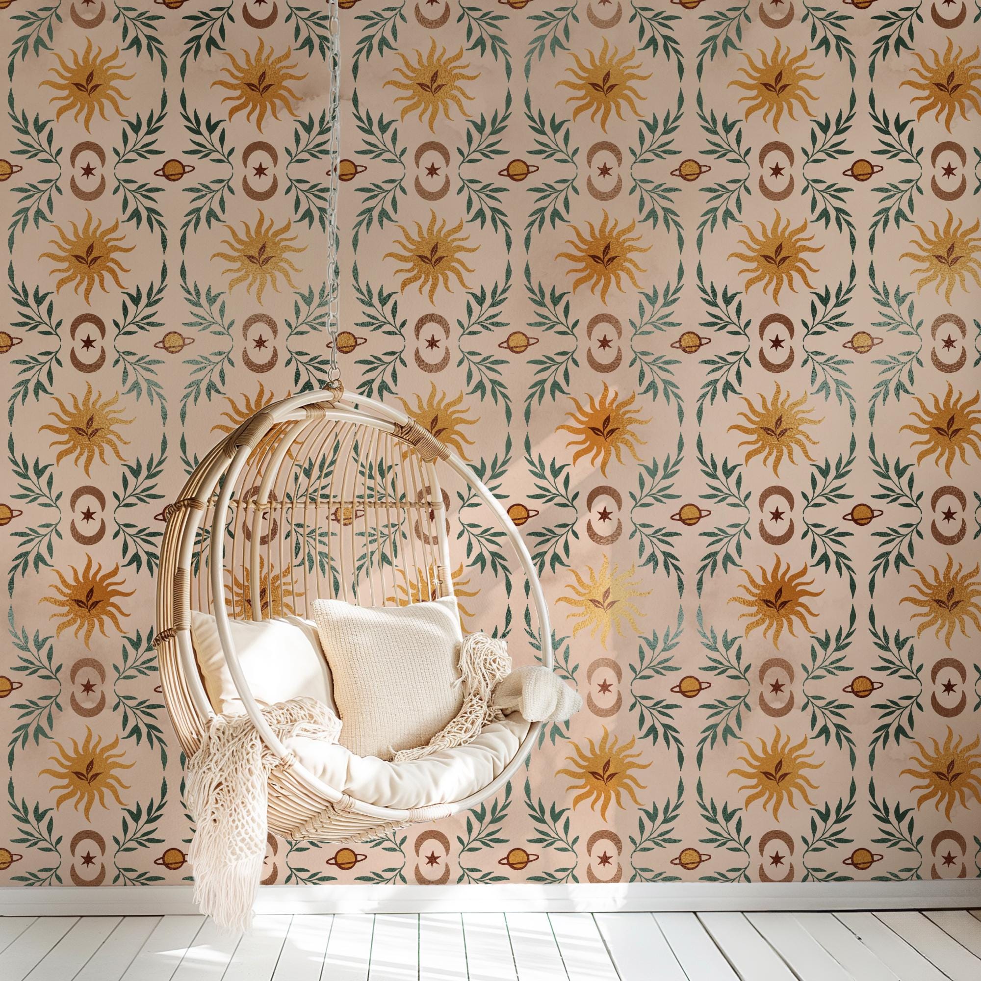 Celestial Sun Planets Moon Pattern Wallpaper, Peel Stick Removable, Spiritual Leafy Neutral Trendy Boho Sun Pattern - Image 3