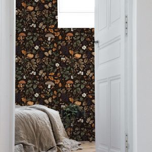 Dark Mushroom Botanical Wallpaper, Peel Stick Removable, Unpasted Traditional Option, Moody Forest Floral Decor, Cute Gothic Cottagecore