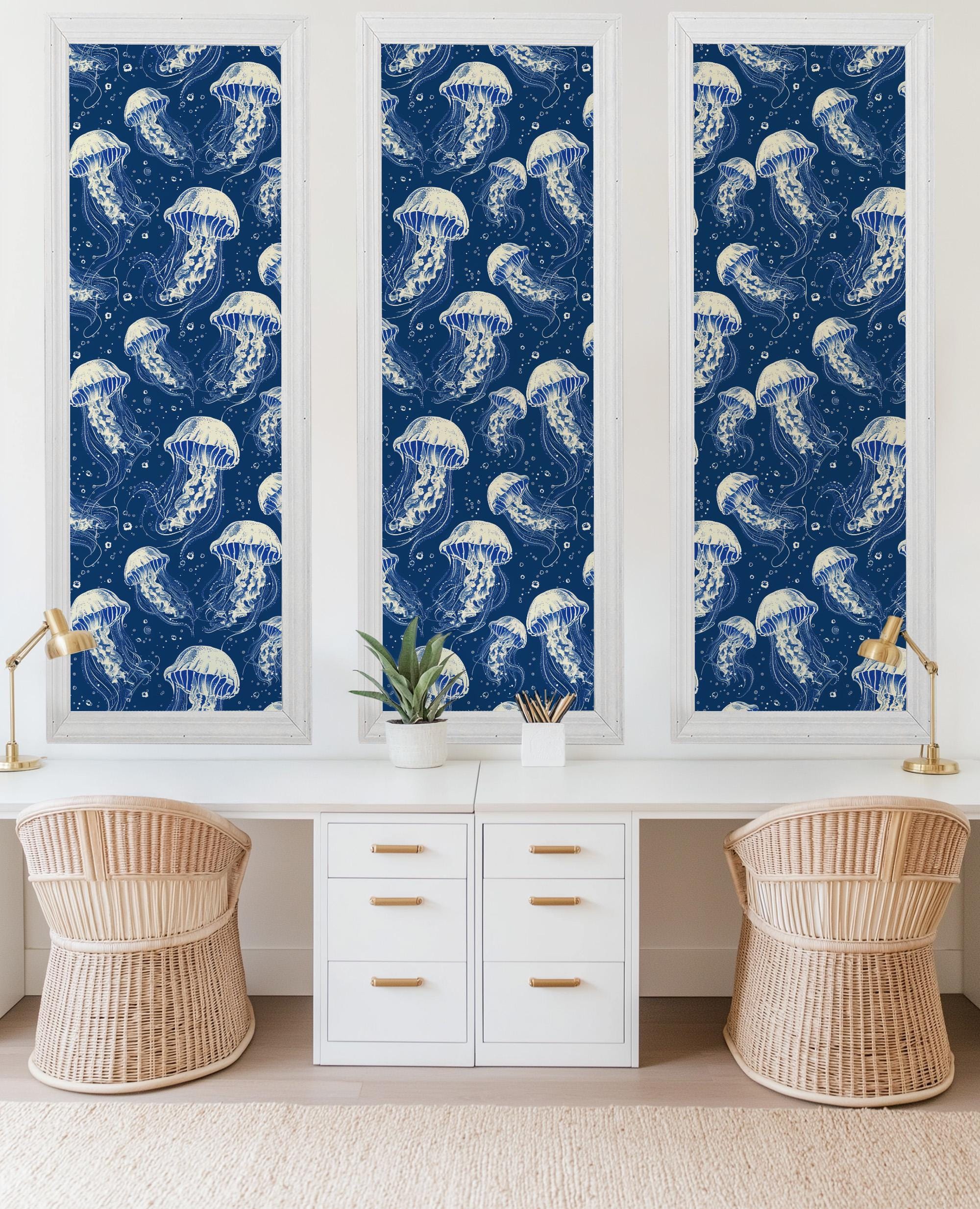 Jellyfish Dreams Wallpaper, Navy Beach Coastal Nautical Tropical, Peel and Stick Removable, Prepasted Traditional Sea Life Custom Sizes - Image 6