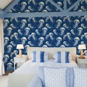 Jellyfish Dreams Wallpaper, Navy Beach Coastal Nautical Tropical, Peel and Stick Removable, Prepasted Traditional Sea Life Custom Sizes