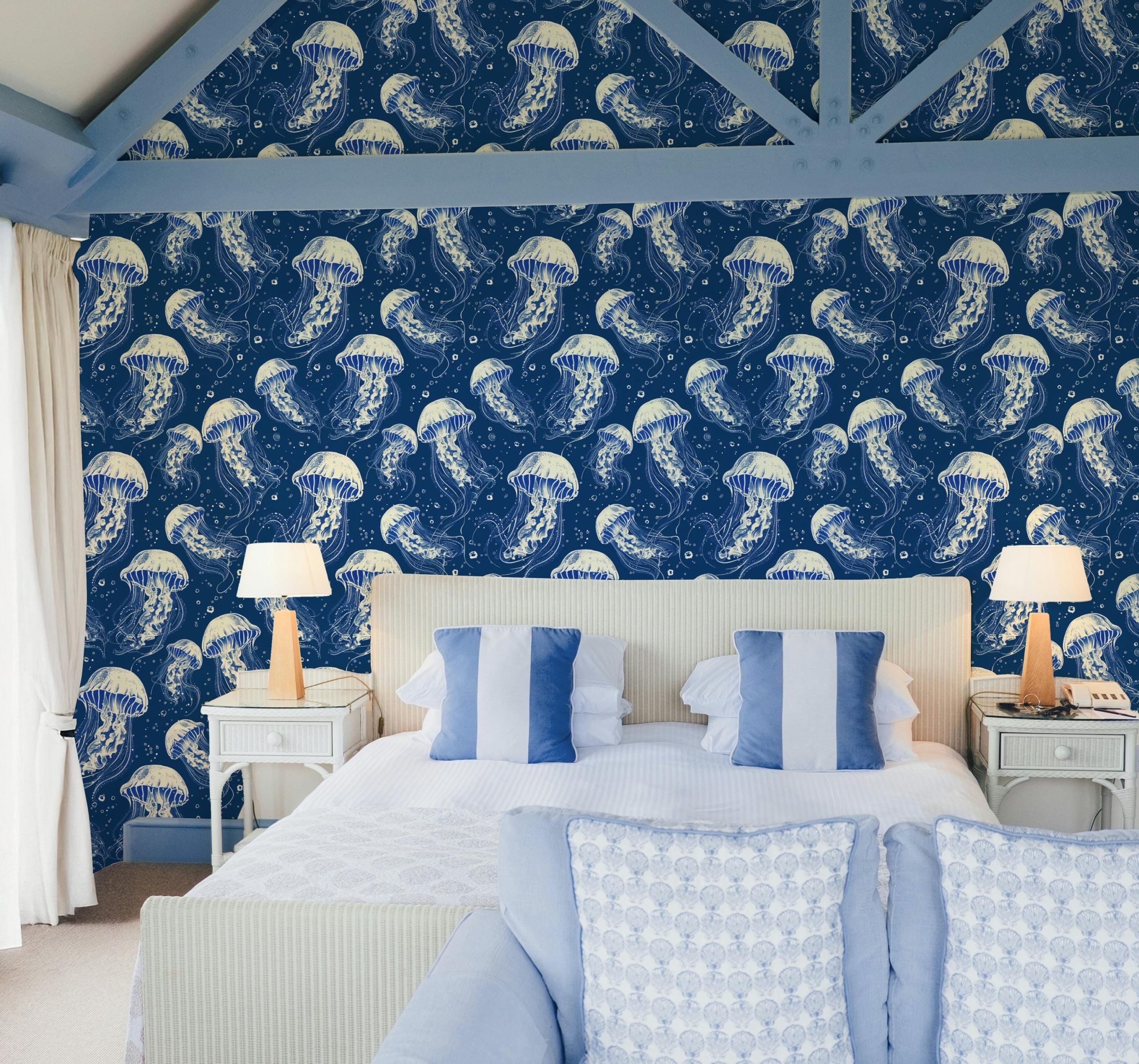 Jellyfish Dreams Wallpaper, Navy Beach Coastal Nautical Tropical, Peel and Stick Removable, Prepasted Traditional Sea Life Custom Sizes