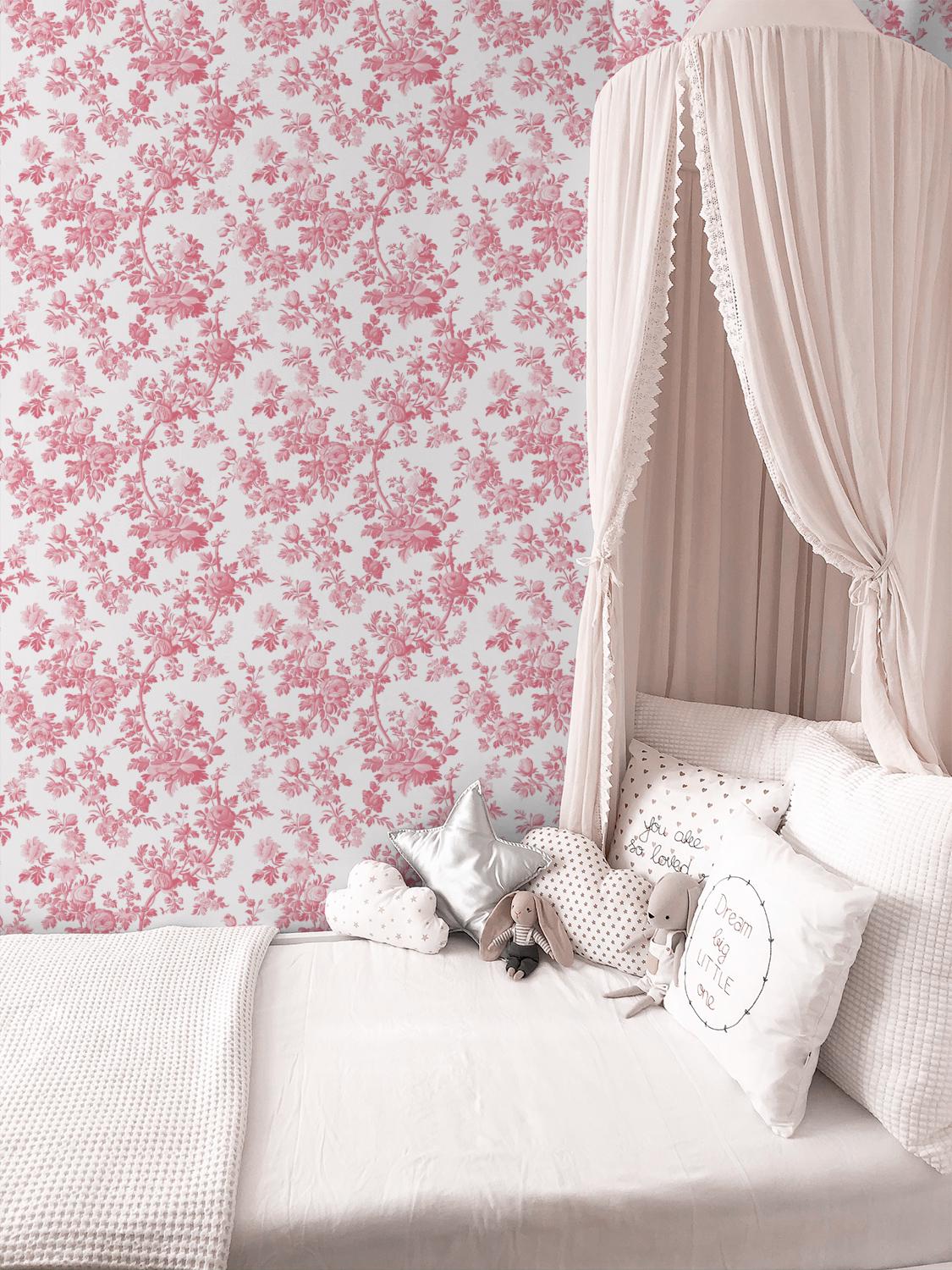 Pink Coquette Toile Wallpaper, Peel and Stick Removable, Vintage Grandmillennial Chic, Dainty Flower Baroque Vines, Elegant Pink Toile - Image 3