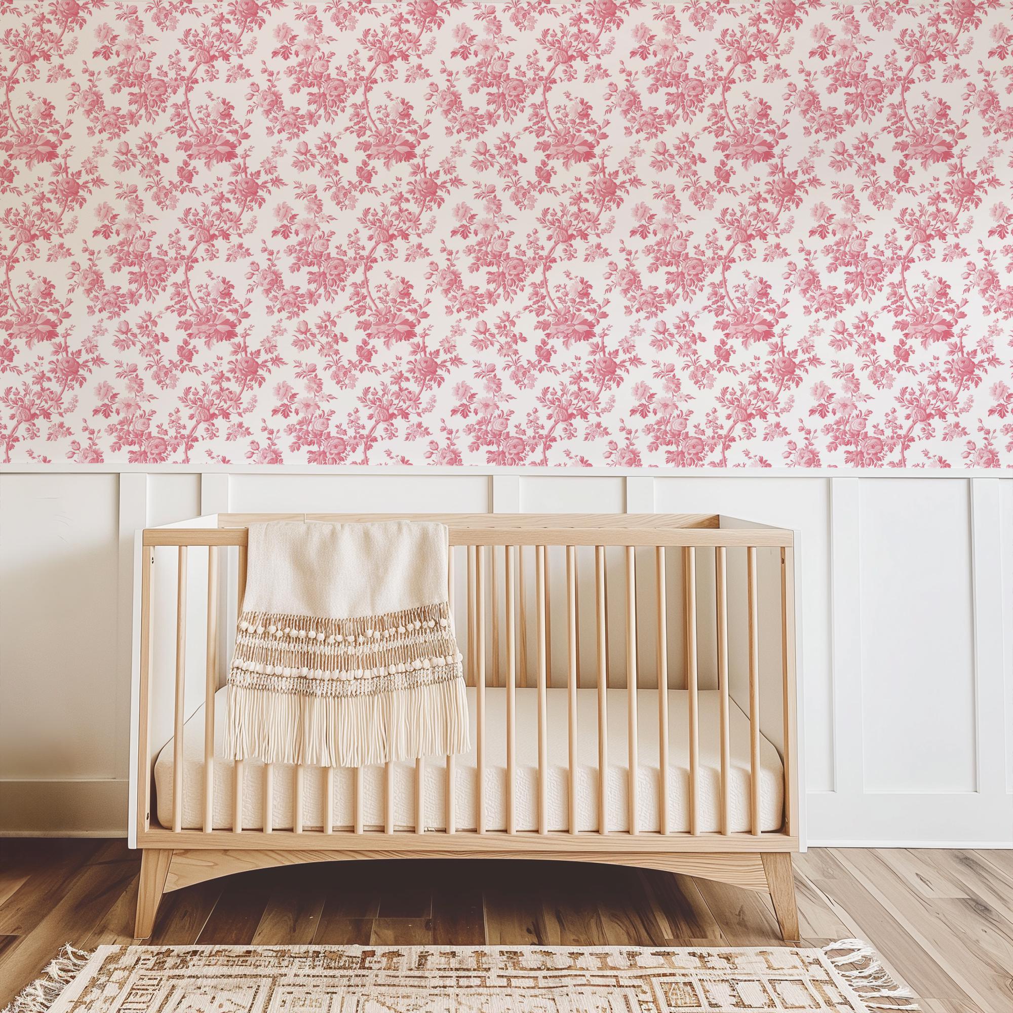 Pink Coquette Toile Wallpaper, Peel and Stick Removable, Vintage Grandmillennial Chic, Dainty Flower Baroque Vines, Elegant Pink Toile - Image 7