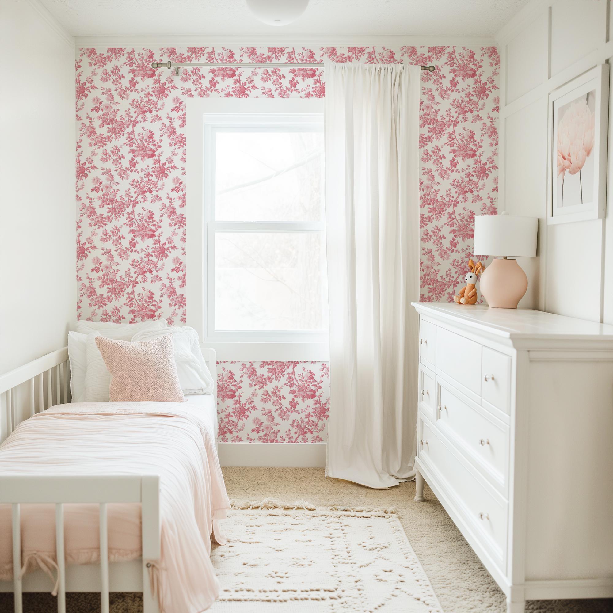 Pink Coquette Toile Wallpaper, Peel and Stick Removable, Vintage Grandmillennial Chic, Dainty Flower Baroque Vines, Elegant Pink Toile