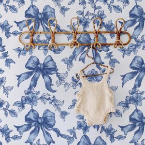 Navy Blue Bow Toile Wallpaper, Chinoiserie Bow Peel Stick , Flower Baroque Vines, Elegant Grandmillennial Chic, Granny Chic Coquette Vintage