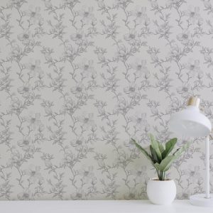 Flower Vine Wallpaper, Grey Vintage Toile, Pressed Floral Garden, Wildflower Coquette Grandmillennial Chic, Delicate Neutral Baroque Vines