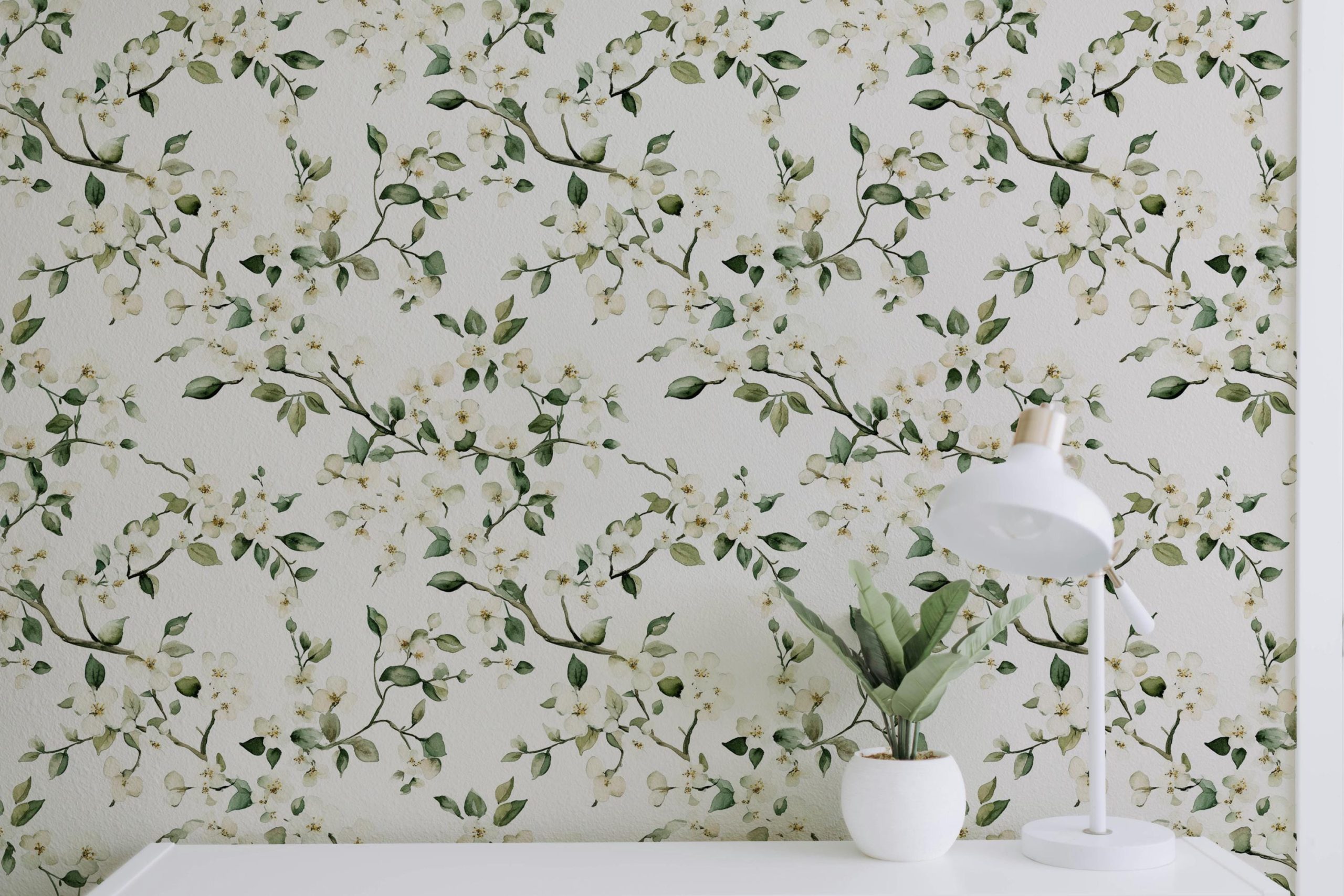 Tree Bloom Wallpaper, Tree Vine Flowers Botanical, Green White Floral, Peel Stick Removable, Elegant Grandmillenial Vintage Chinoiserie