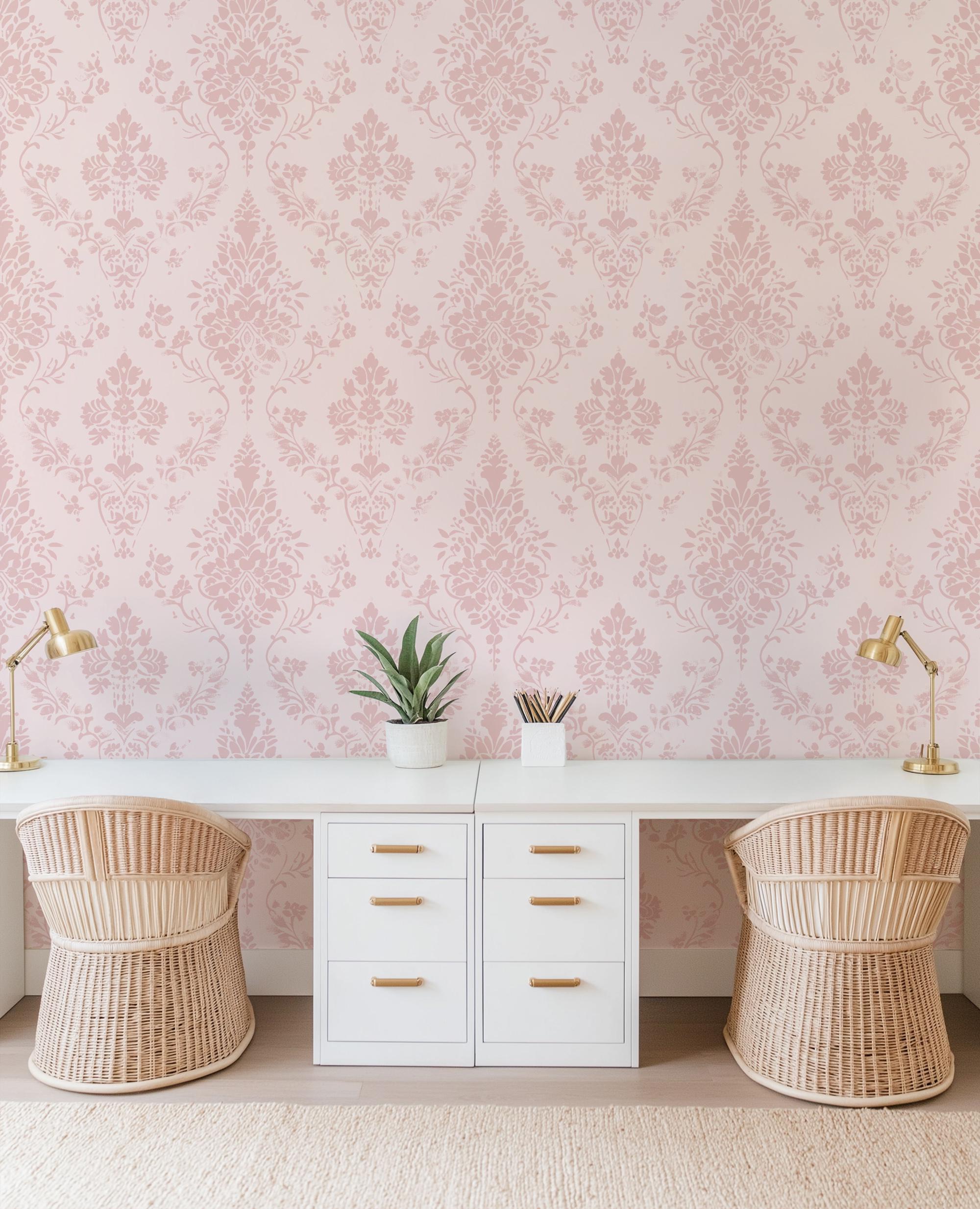 Pink on Pink Victorian Damask Wallpaper, Peel and Stick Removable, Baby Pink Baroque, Elegant French Ornate Vintage