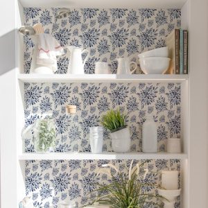Watercolor Blue Floral Wallpaper, Navy Blue Stamp Look, Small Scale Peel and Stick Removable, Prepasted Traditional, Bathroom, Kitchen
