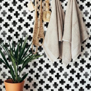 Abstract Black and White Plus Sign Geometric Wallpaper, Boho Style, Peel and Stick Removable, Prepasted Traditional, Bathroom Kitchen Entry