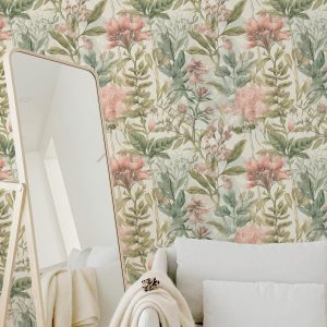 French Vintage Bloom Wallpaper, Tree Vine Flowers Botanical, Pastel Colors, Peel Stick Removable, Elegant Forest Jungle Plants Trees Mural
