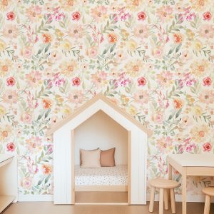 Bright Pastel Floral Wallpaper, Dahlia Peonies Roses Garden, Peel and Stick Removable, Prepasted Traditional Nursery Mural Custom Dimensions