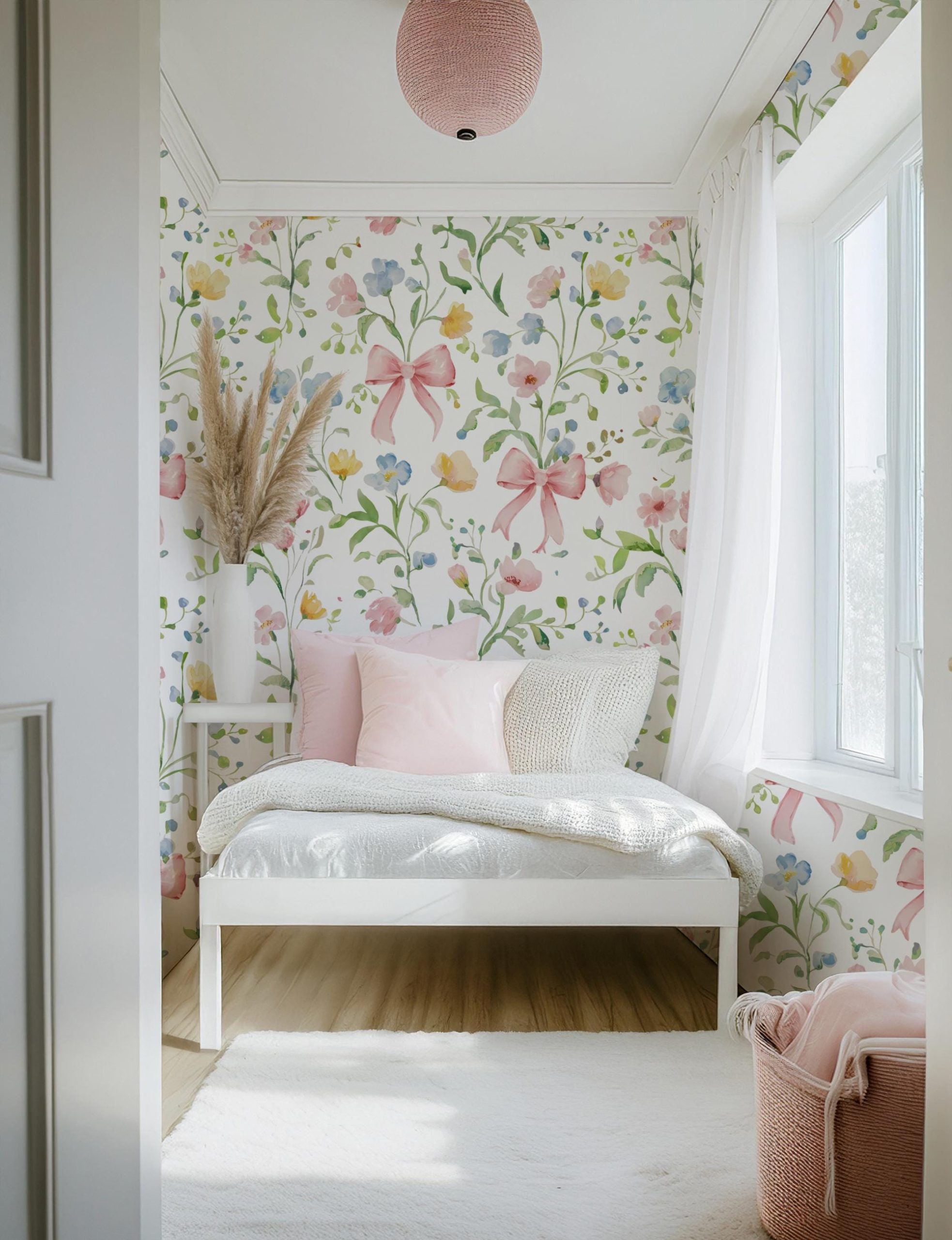 Floral Bow Nursery Wallpaper, Pastel Watercolor Flower Wall Mural - Image 9