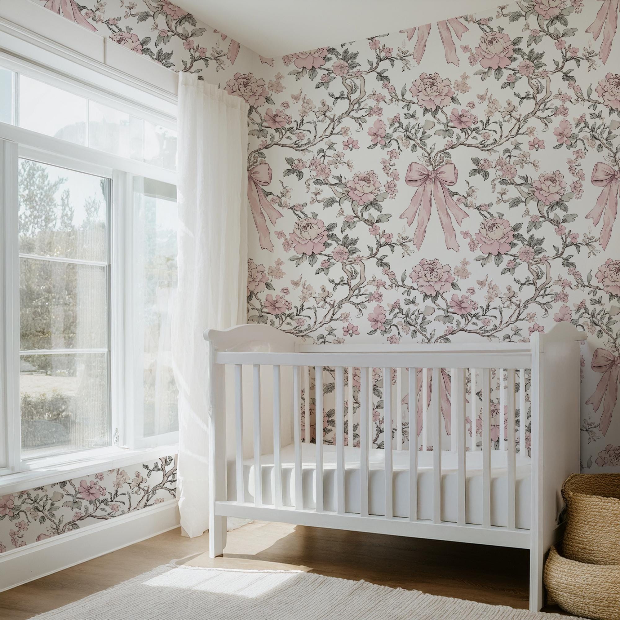 Baby Pink Bow Chinoiserie Wallpaper, Peel and Stick Removable, Coquette Grandmillennial Chic, Flower Baroque Vines, Elegant Pink Toile - Image 2