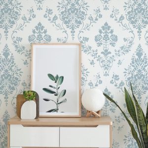 Dusty Blue Damask Wallpaper Peel and Stick, Victorian Style Wall Mural for Bedroom or Nursery, Elegant Removable Vintage Wall Art
