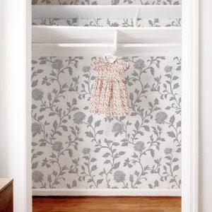 Grey Vintage Romantic Flower Wallpaper, Grandmillenial Chic, Baby Girl Nursery, Shabby Chic Rose Vine, Baroque Elegant