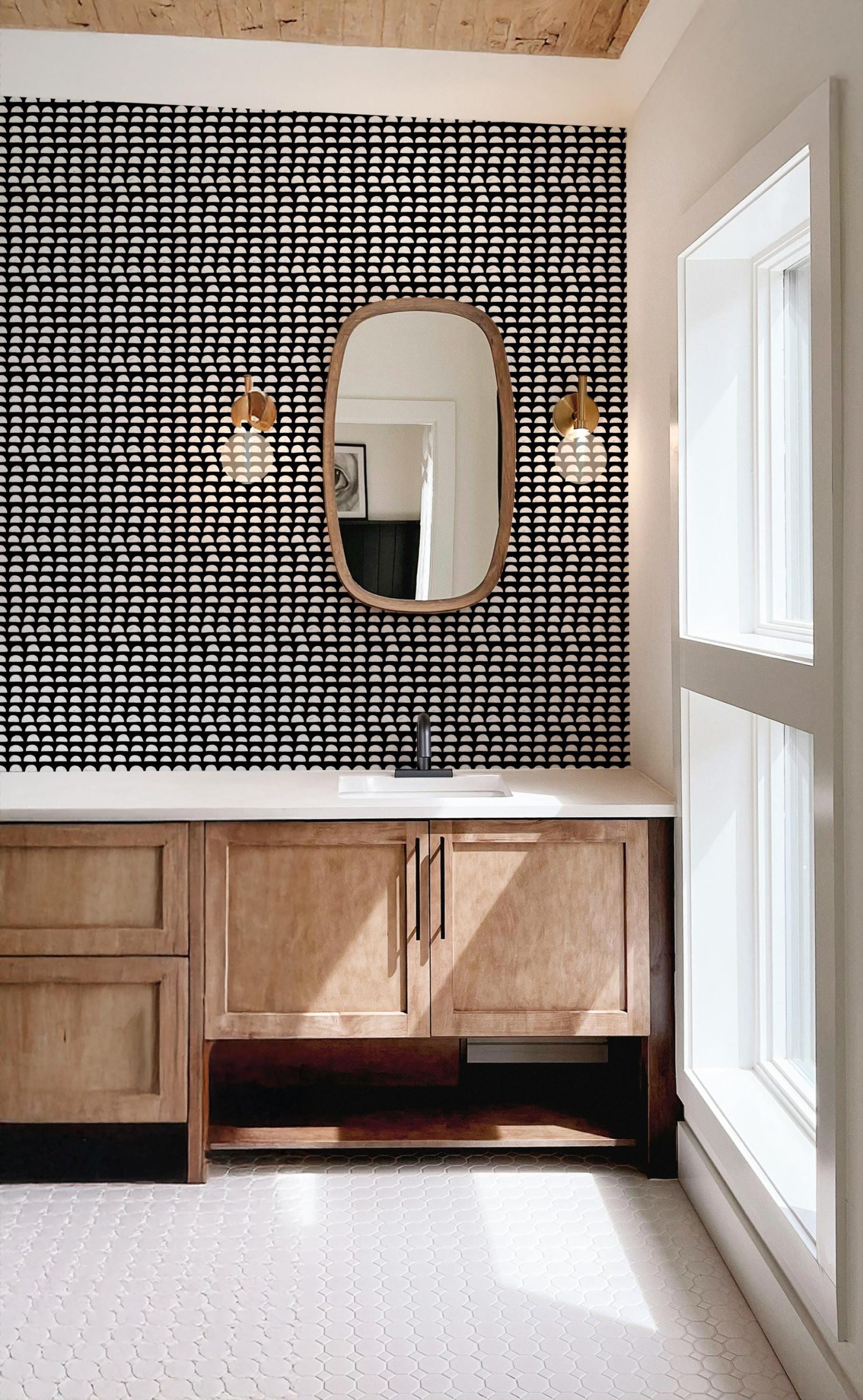 Abstract Black and White Geometric Wallpaper, Boho Style, Peel and Stick Removable, Prepasted Traditional, Bathroom, Laundry, Kitchen, Entry