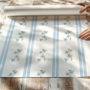 Baby Blue Vintage Floral Stripe Wallpaper, Peel and Stick Removable, Coquette Grandmillennial Chic, Flower Elegant Classic Blue Toile