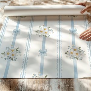 Baby Blue Vintage Floral Bows Stripe Wallpaper, Peel and Stick Removable, Coquette Grandmillennial Chic, Flower Elegant Classic Blue Toile