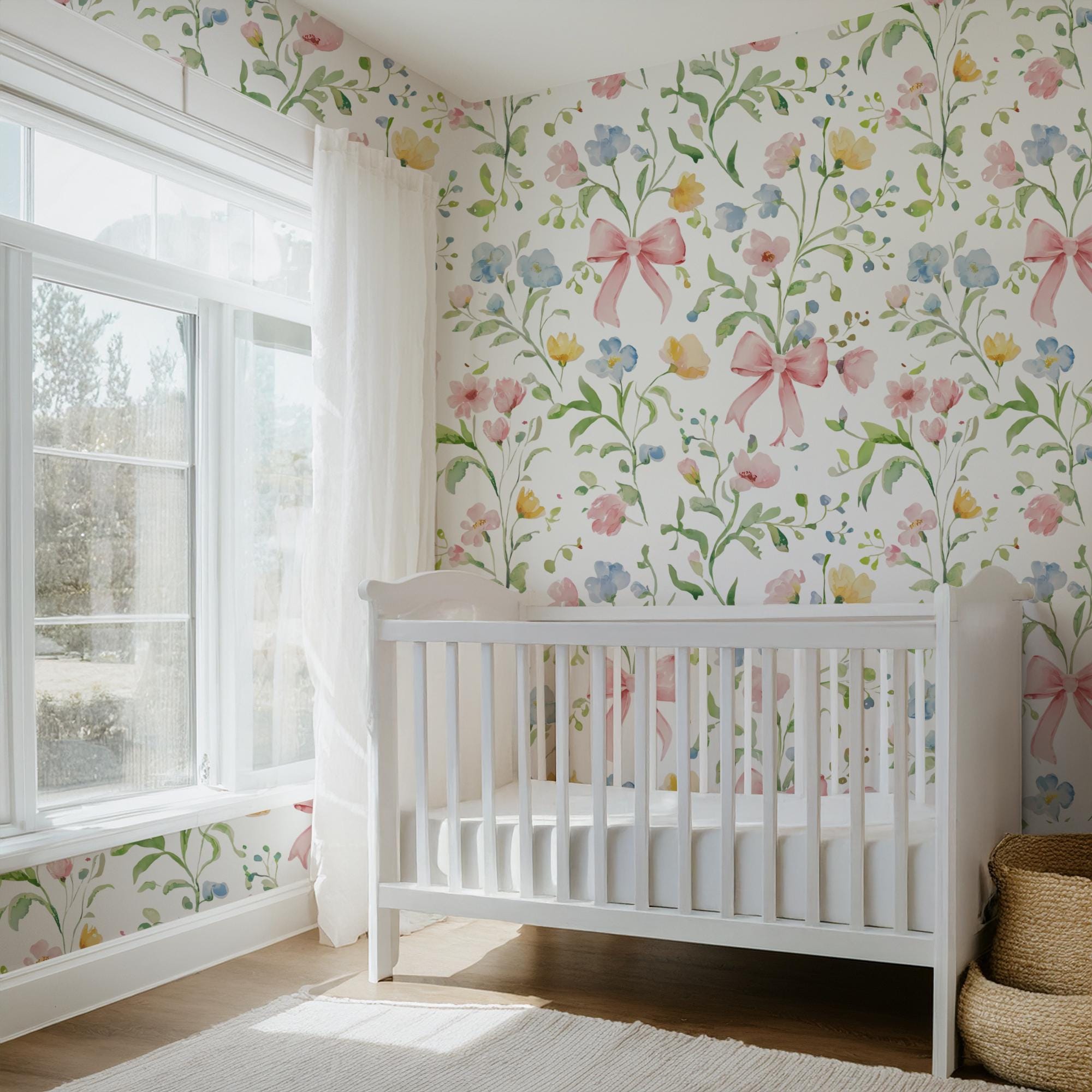 Floral Bow Nursery Wallpaper, Pastel Watercolor Flower Wall Mural - Image 4