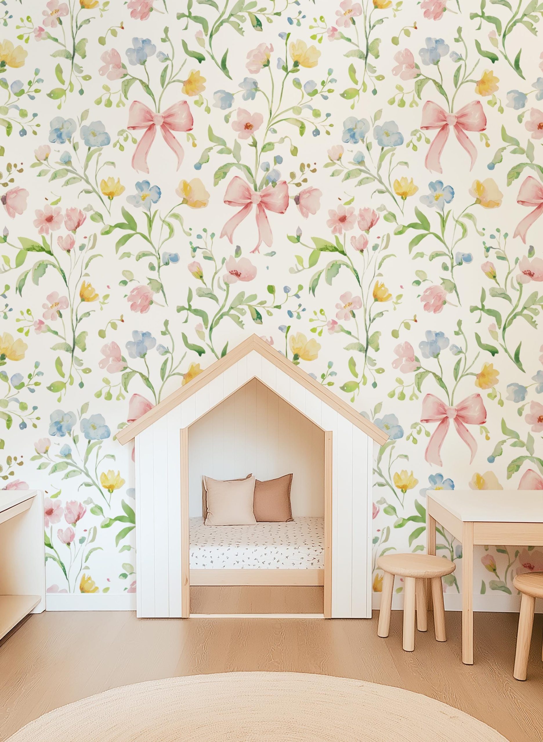 Floral Bow Nursery Wallpaper, Pastel Watercolor Flower Wall Mural - Image 10
