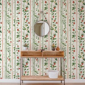 Striped Strawberry Vines Wallpaper, Peel Stick Red Floral Bedroom Nursery, Dainty Granny Chic Grandmillennial Coquette Cottage, Strawberries