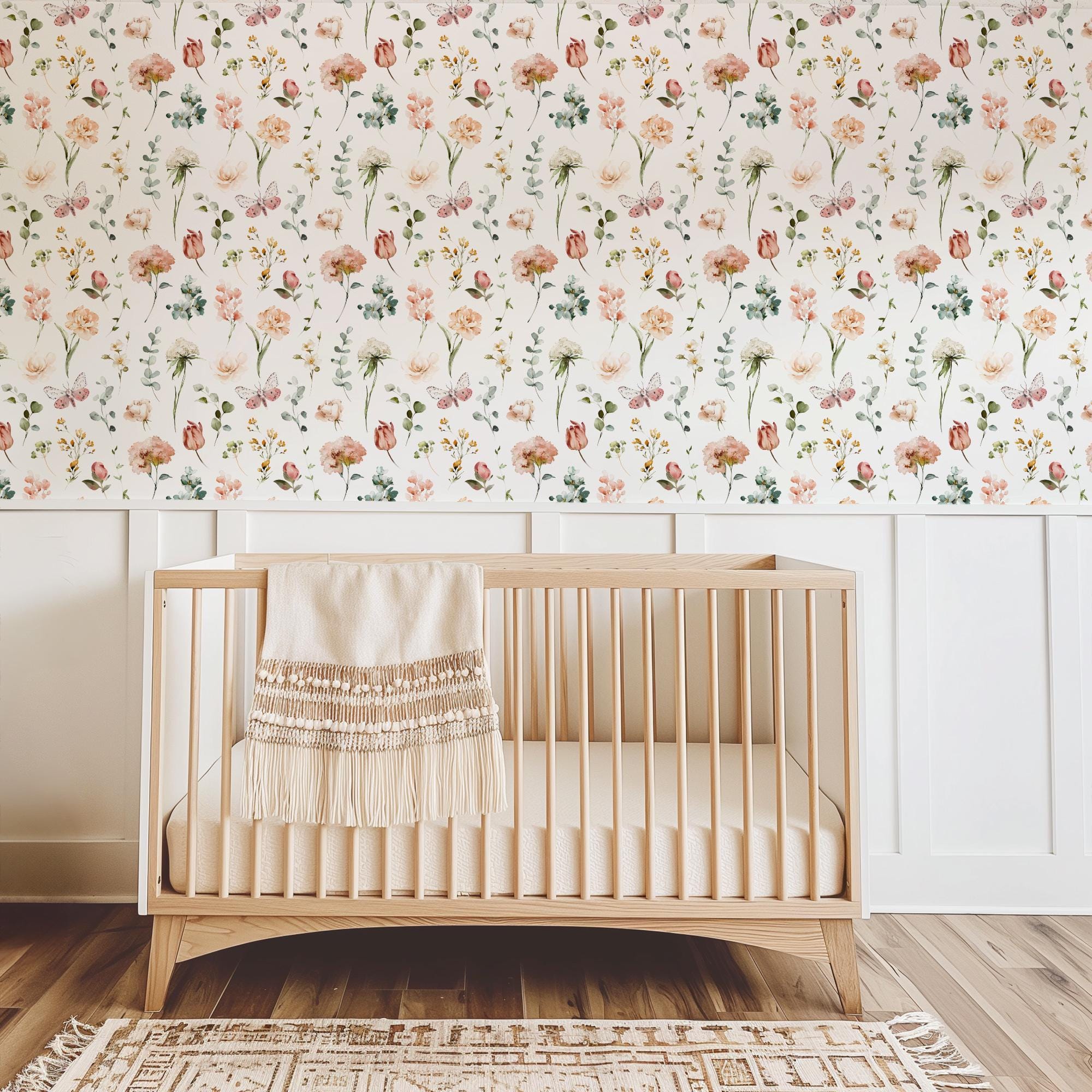 Garden Botanical Butterfly Wallpaper, Peel Stick Removable, Girly Cute Flower Garden, Baby Girl Toddler Teenager Bedroom, Pressed Floral - Image 2