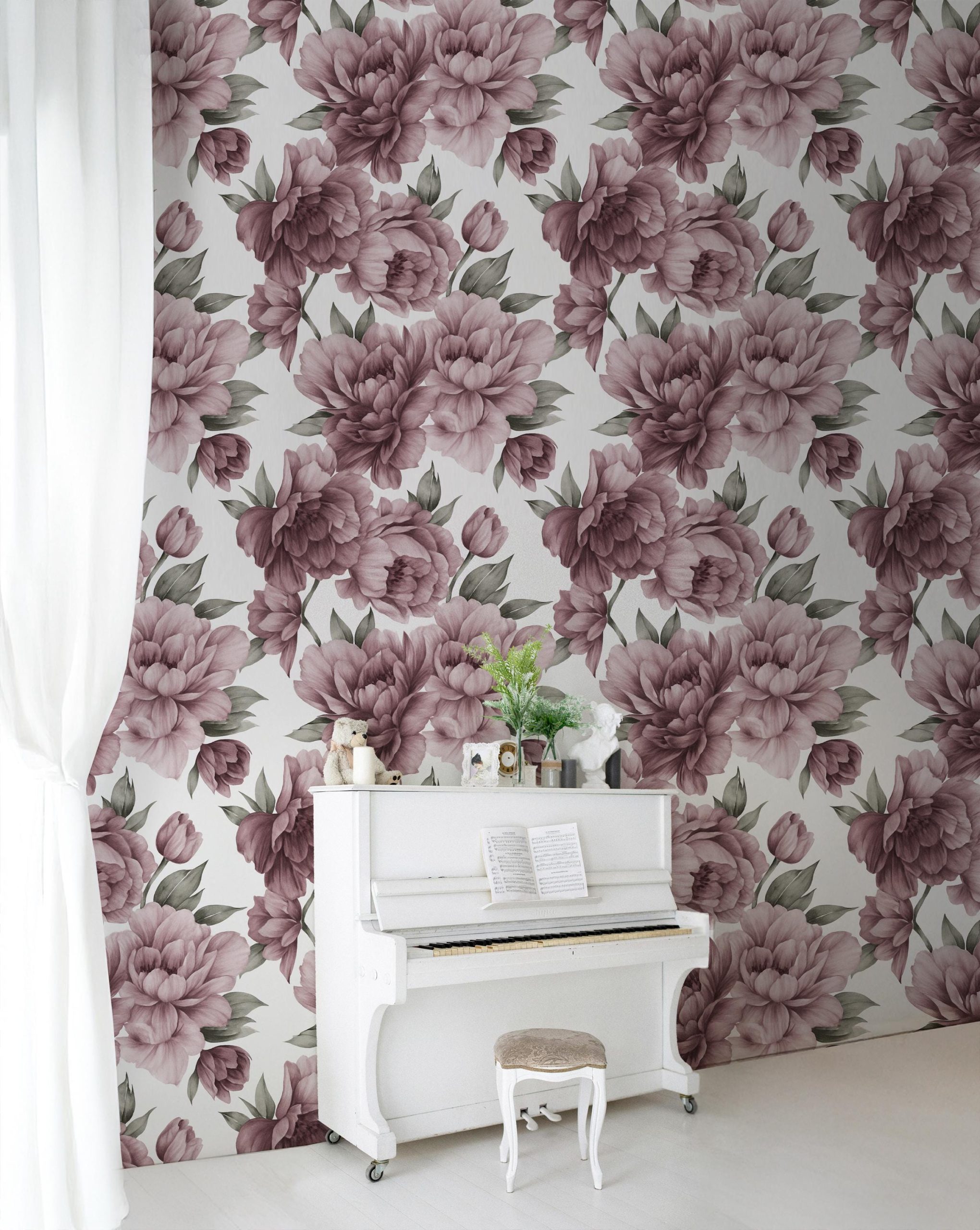 Deep Burgundy Purple Pink Floral Wallpaper, Large Scale Peel and Stick Removable, Unpasted Prepasted Traditional Option, Girl Nursery Mural - Image 2