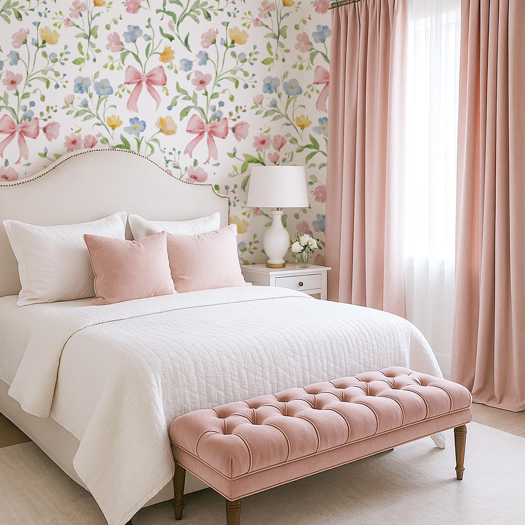 Floral Bow Nursery Wallpaper, Pastel Watercolor Flower Wall Mural - Image 3