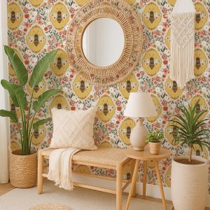Bee Wildflower Wallpaper, Peel Stick or Traditional, Vintage Whimsical Folk Art Scandi Wall Mural for Baby Girl Nursery, Kids Room Decor