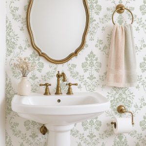 Fern Green Damask Wallpaper, Victorian Cottagecore Peel and Stick Mural