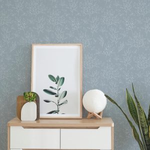 Minimal Muted Blue Leaf Wallpaper, Modern Scandinavian Peel Stick or Traditional Wall Mural, Country Farmhouse Neutral, Botanical Bedroom
