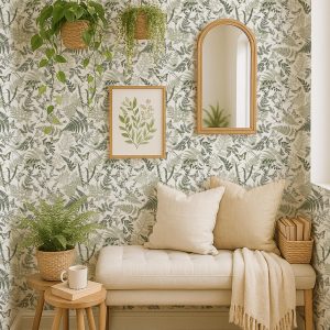 Green Fern Botanical Wallpaper Peel and Stick, Cottagecore Wall Mural for Bedroom or Nursery, Pressed Leaf Removable Art