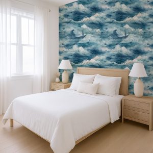 Ocean Waves Wallpaper Peel and Stick, Coastal Wall Mural for Beach House or Bathroom, Nautical Blue Removable Wall Art for Summer Decor