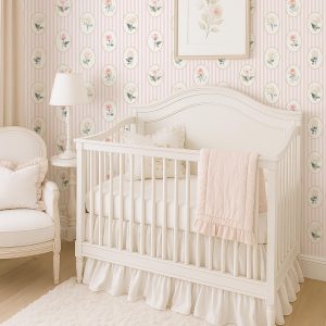 Victorian Floral Cameo Wallpaper Peel and Stick, Coquette Striped Pink Wall Mural for Nursery, Bedroom or Vanity, Removable Wallpaper