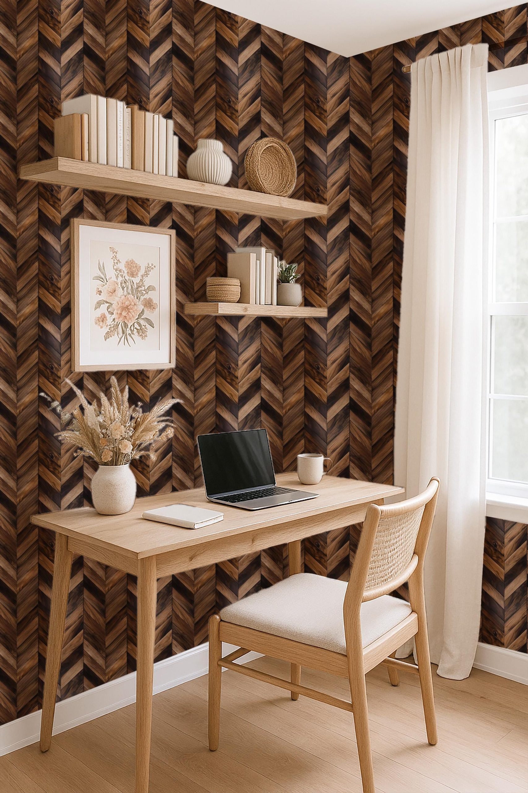 Dark Wood Chevron Wallpaper, Removable Faux Walnut Wall Mural with Bold Grain Texture for Dining Room, Office or Rustic Accent Walls