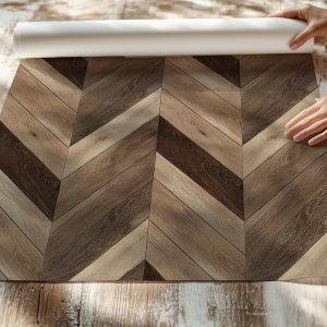 Neutral Chevron Wood Wallpaper, Removable Faux Wood Wall Mural in Taupe and Espresso Tones for Bathroom or Modern Farmhouse Decor