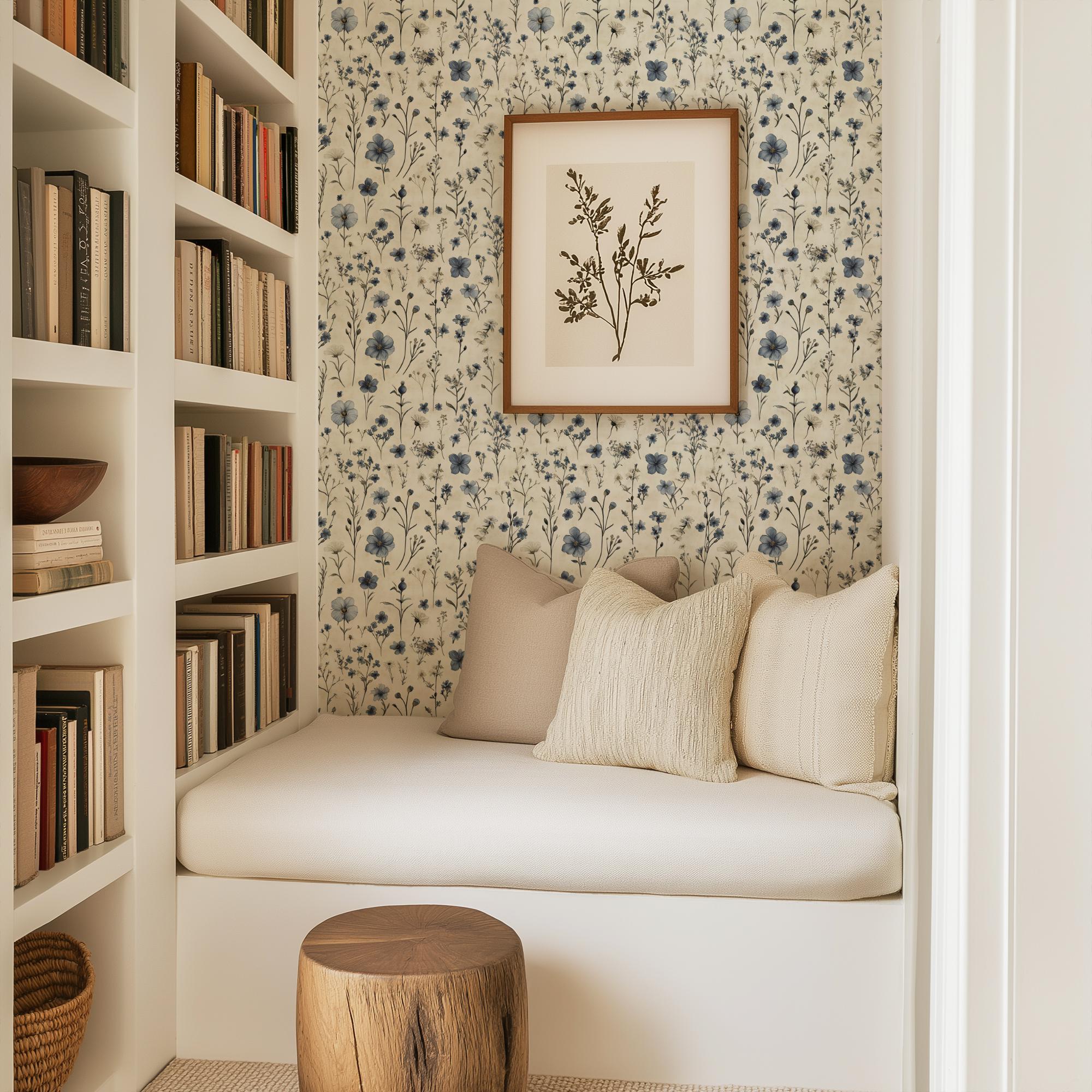 Vintage Blue Floral Wallpaper, Peel and Stick, Cottagecore Design - Image 4