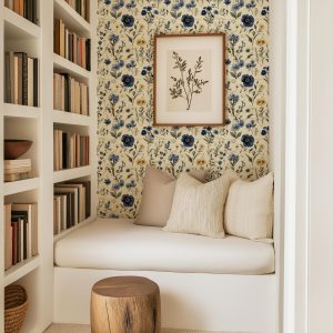 Bold Navy Blue and Yellow Floral Wallpaper, Vintage Botanical Design, Romantic Garden Floral Wallpaper, Peel and Stick or Traditional