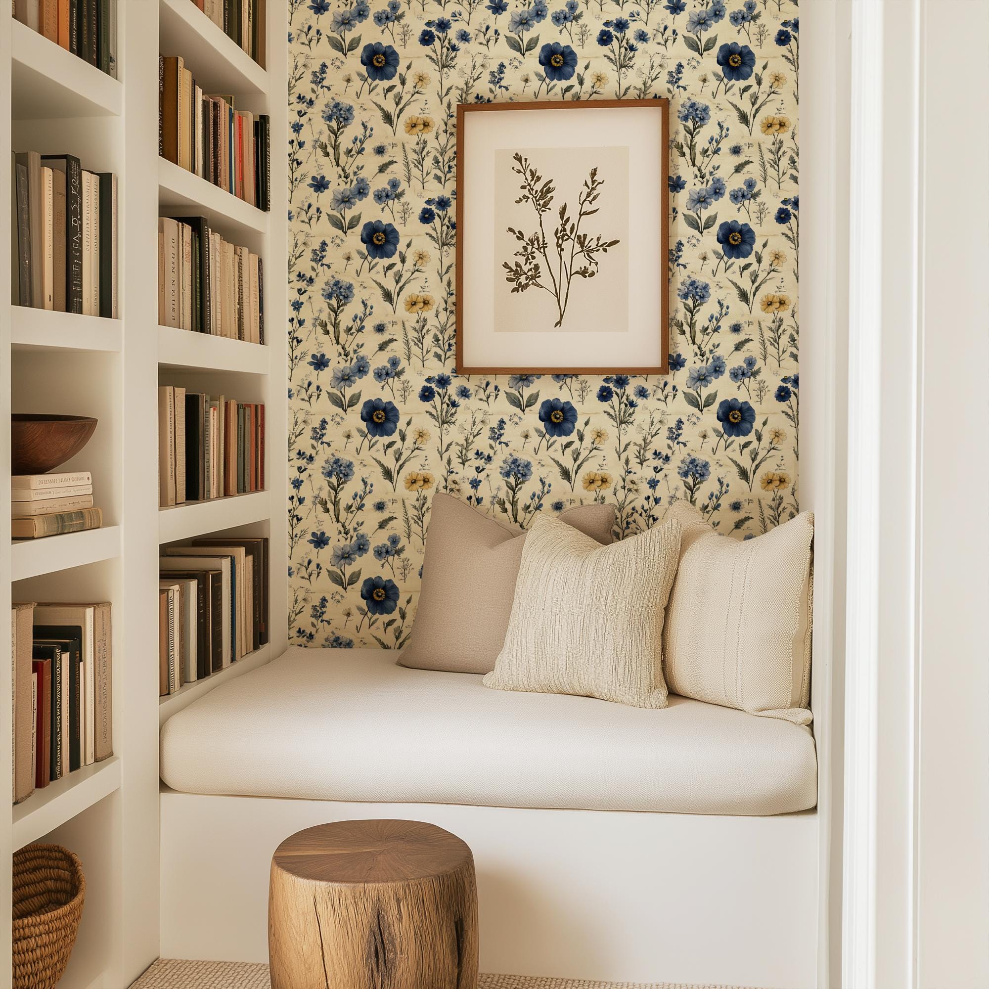 Bold Navy Blue and Yellow Floral Wallpaper, Vintage Botanical Design, Romantic Garden Floral Wallpaper, Peel and Stick or Traditional