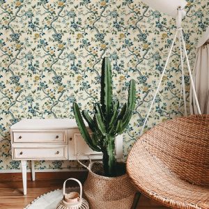 Chinoiserie Floral Vine Wallpaper, Vintage Blue & Yellow Botanical Decor, Peel and Stick or Traditional, Intricate Floral Pattern