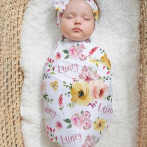 Baby Girl Pink Yellow Floral Swaddle, Personalized Name Blanket, Knot Hat, Headband, Custom Shower Gift, Newborn Photos, Lainey Collection