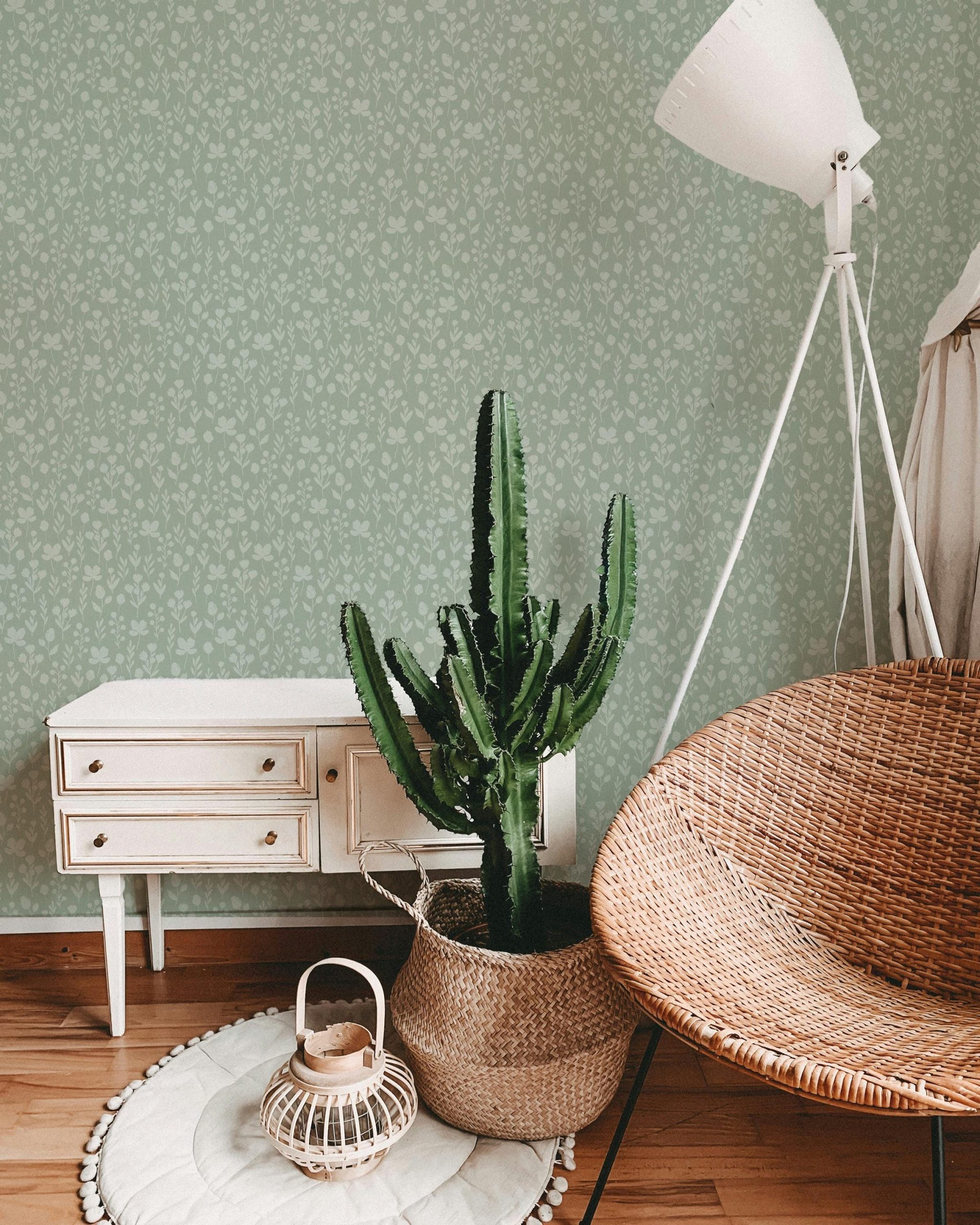Sage Green on Green Floral Wallpaper, Delicate Flower Pattern, Pressed Floral Garden, Wildflower Coquette Grandmillennial Shabby Chic - Image 5